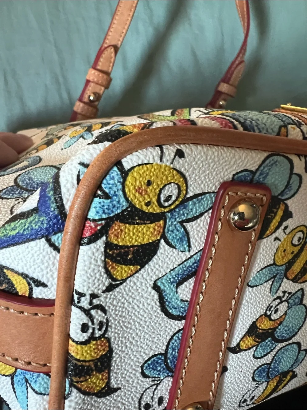 Dooney & Bourke White Bee Print Tote with Tan Trim - Picture 9 of 13